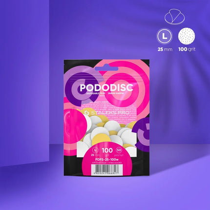 Disposable white files with soft foam layer for pedicure disc PODODISC STALEKS PRO L 100 grit (50 pcs) PDFS-25-100w