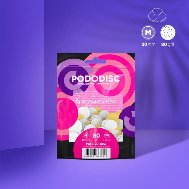 White disposable files with soft foam layer for pedicure disc PODODISC STALEKS PRO M 80 grit (50 pcs) PDFS-20-80w